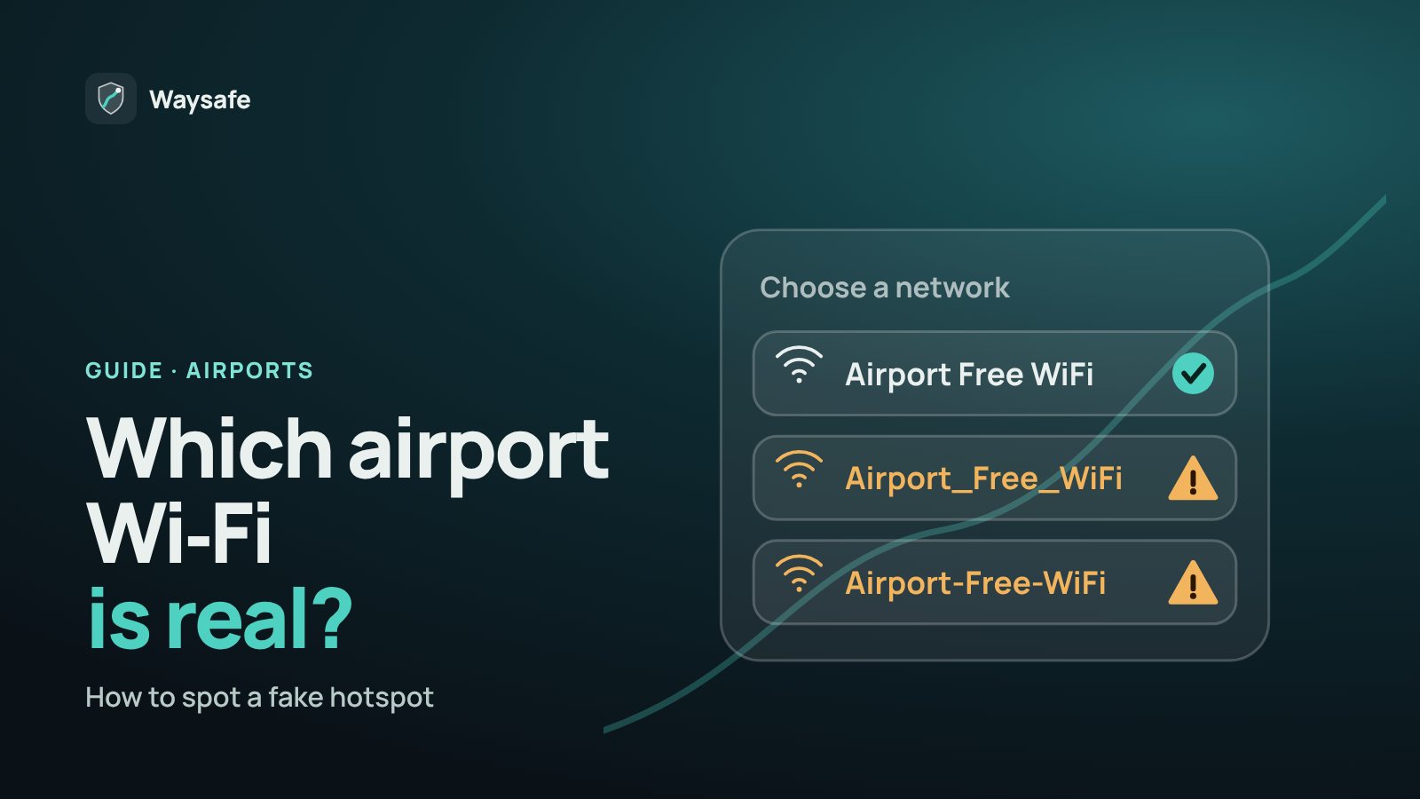 A Wi‑Fi network list showing the real “Airport Free WiFi” network marked safe and two look-alike networks marked with warnings